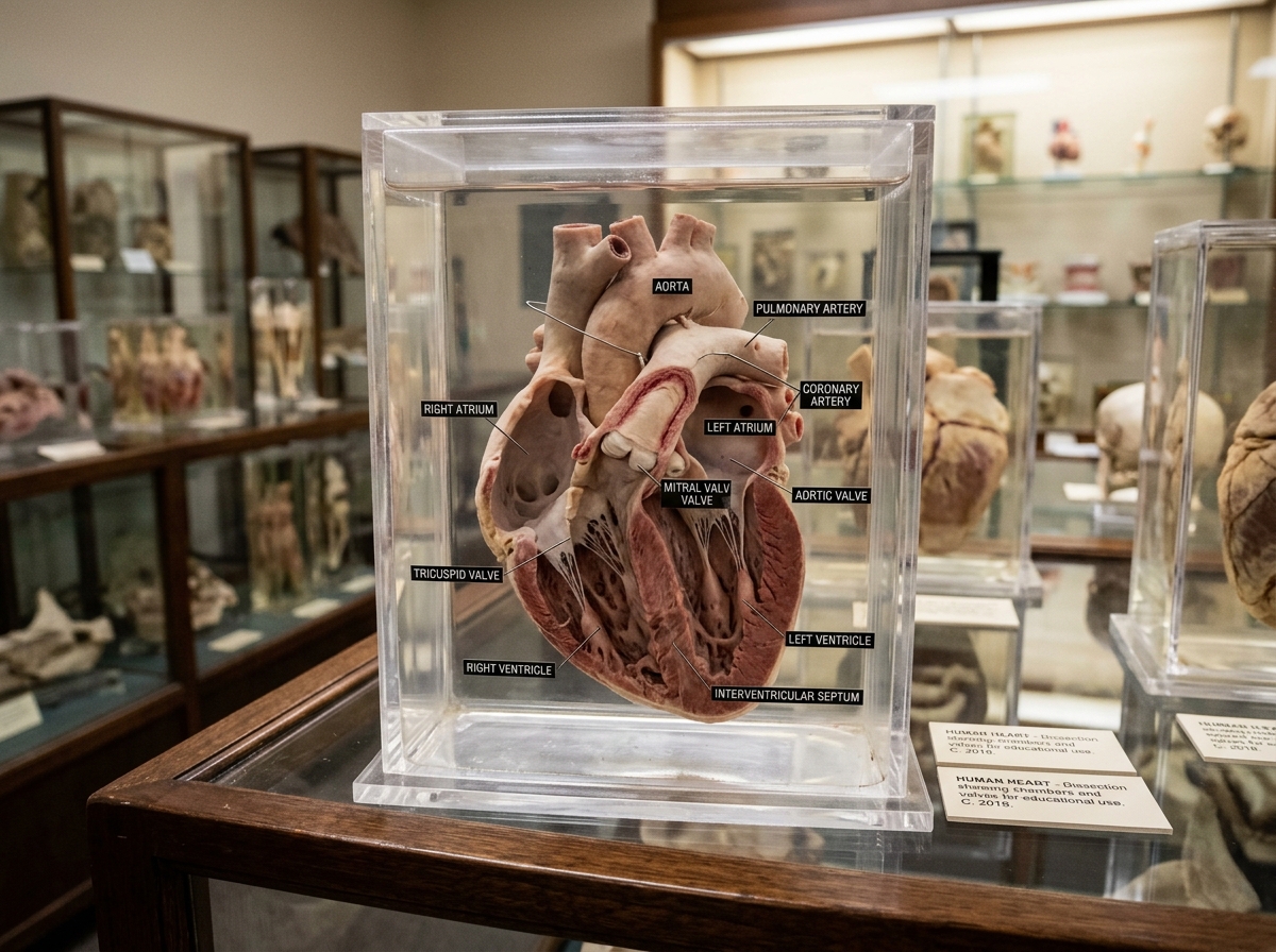 🫀 Dissecação cardiovascular: visualização das cavidades ventriculares e valvas cardíacas preservadas em cuba de acrílico.